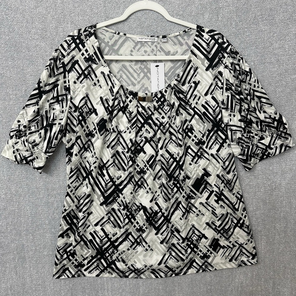 Notations Black, White & Gray Short Sleeve Blouse NWT Size 2X Business Casual
